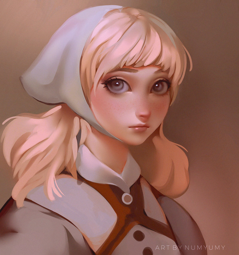 1girl artist_name bangs blonde_hair blue_eyes blunt_bangs blush brown_background cinderella cinderella_(disney) closed_mouth expressionless female freckles gradient gradient_background grey_eyes head_scarf long_hair looking_at_viewer maid numyumy portrait red_lips revision signature solo uniform upper_body watermark web_address