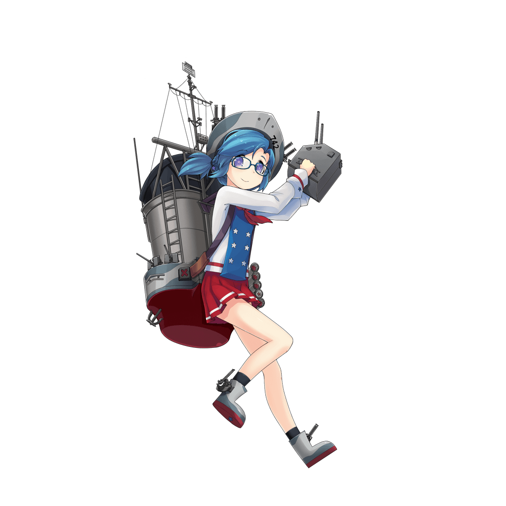 1girl anchor bangs black_legwear blue-framed_eyewear blue_hair cannon closed_mouth e_neko eyebrows_visible_through_hair frank_knox_(warship_girls_r) full_body glasses grey_hat grey_shoes holding holding_weapon long_sleeves looking_at_viewer machinery official_art one_leg_raised parted_bangs pleated_skirt ponytail radar red_skirt shirt shoes skirt smile smokestack socks solo star star-shaped_pupils symbol-shaped_pupils torpedo transparent_background turret violet_eyes warship_girls_r weapon white_shirt