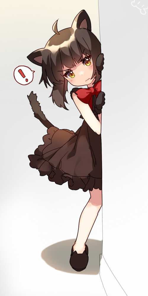 ! &gt;:| 1girl ahoge animal_ears around_corner bison_cangshu bow bowtie brown_dress brown_gloves brown_hair character_request closed_mouth dress frilled_dress frills gloves head_tilt looking_at_viewer peeking_out red_bow red_bowtie shoes short_dress short_hair sleeveless sleeveless_dress solo speech_bubble spoken_exclamation_mark tail wavy_mouth yellow_eyes