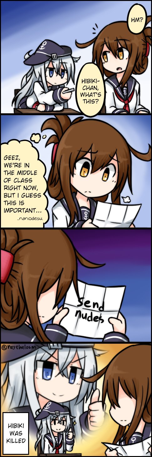 &gt;:) 2girls anchor_symbol artist_name brown_hair comic english eyebrows_visible_through_hair female flat_cap folded_ponytail hat hibiki_(kantai_collection) highres inazuma_(kantai_collection) kantai_collection long_hair looking_back meme multiple_girls note raythalosm school_uniform serafuku silver_hair thinking thumbs_up twitter_username uniform upper_body