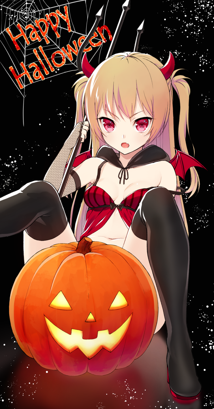 &gt;:o 1girl :o babydoll black_background black_boots black_gloves black_legwear boots breasts brown_hair cloak demon_horns demon_wings elbow_gloves fang fingerless_gloves fishnet_gloves gloves halloween happy_halloween high_heel_boots high_heels highres holding horns jack-o'-lantern legs_apart long_hair mini_wings original over-kneehighs pitchfork pumpkin red_eyes sitting small_breasts solo spider_web_background strap_slip thigh-highs thigh_boots tokki two_side_up wings