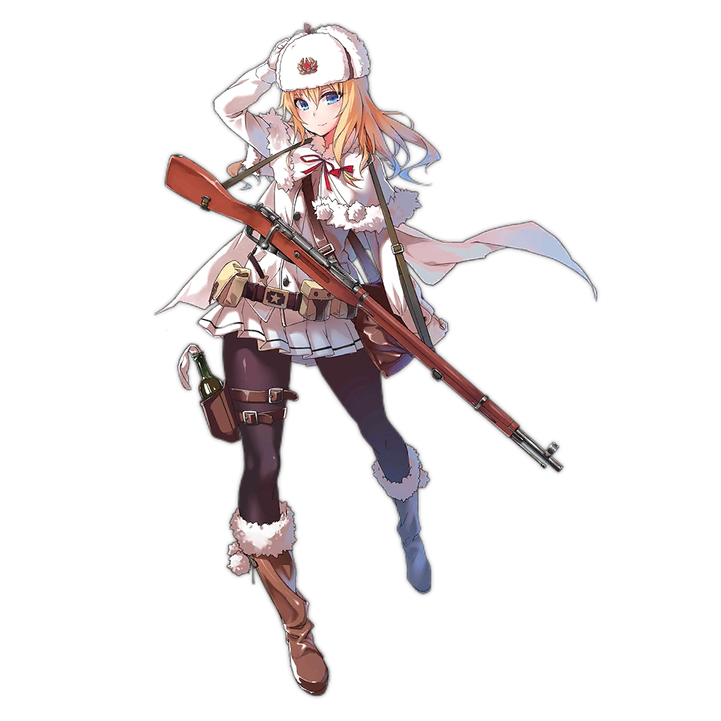 1girl belt belt_pouch blonde_hair blue_eyes blush bolt_action boots full_body fur_hat fur_trim girls_frontline gloves gun hat knee_boots looking_at_viewer molotov_cocktail mosin-nagant mosin-nagant_(girls_frontline) official_art pantyhose revision rifle skirt sling smile transparent_background ushanka weapon