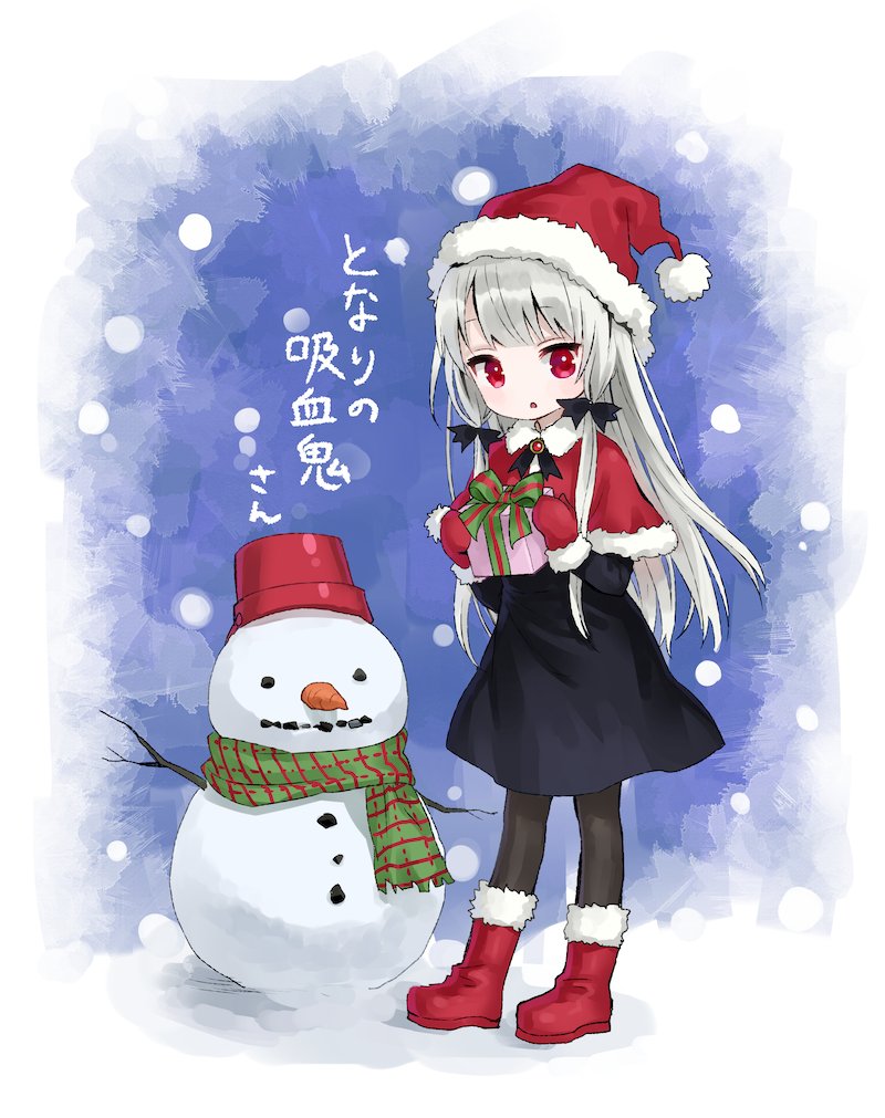 1girl ama-tou boots bow branch bucket bucket_hat capelet carrot christmas collar dress full_body gift gloves hair_ornament hair_ribbon hat holding holding_gift long_hair long_sleeves looking_at_viewer open_mouth pantyhose red_eyes ribbon santa_boots santa_gloves santa_hat scarf silver_hair smile snow snowman solo sophie_twilight standing striped striped_scarf tonari_no_kyuuketsuki-san tress_ribbon triangle_mouth very_long_hair