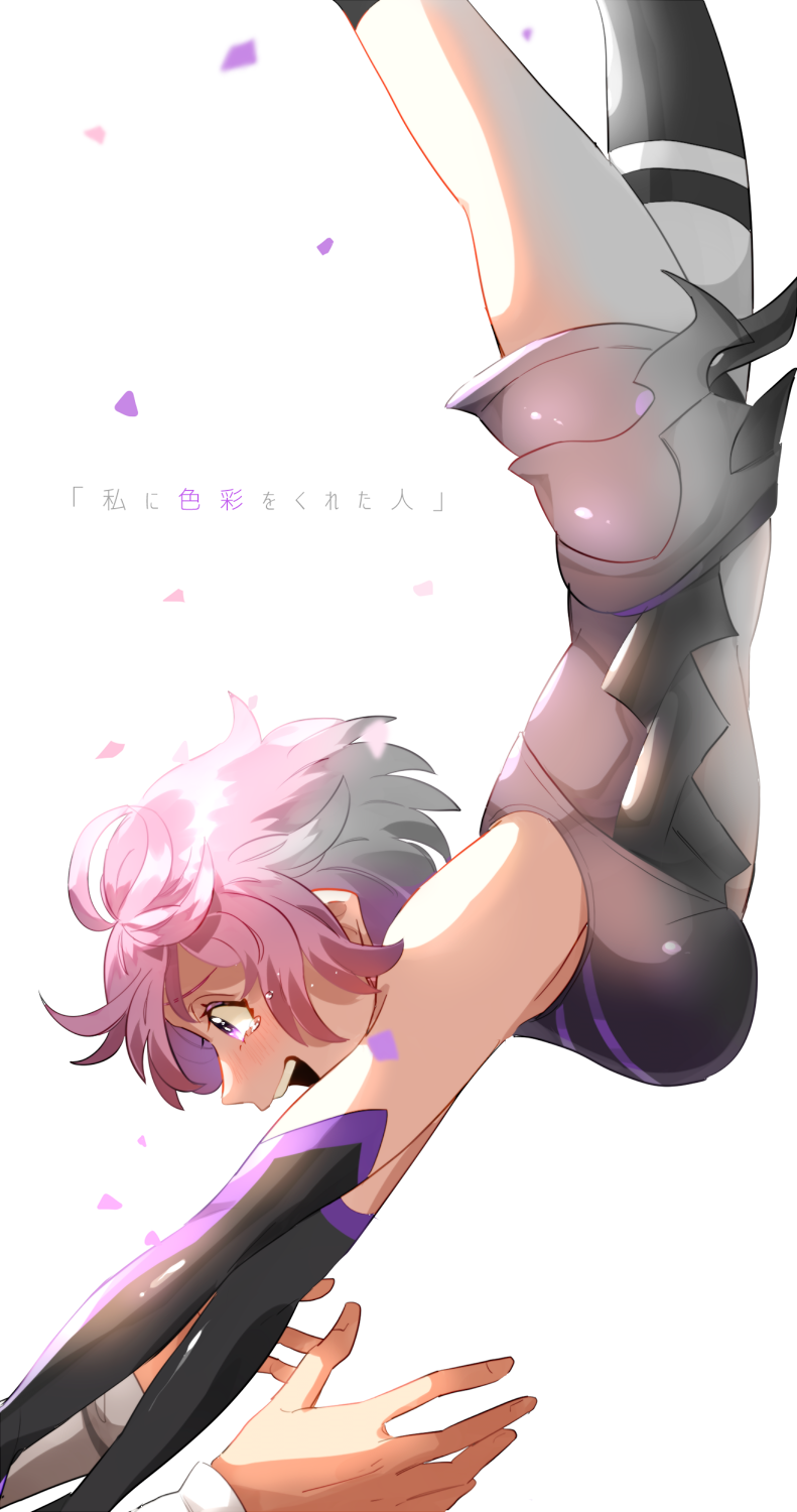 1girl armor artist_request bangs black_legwear breasts dress falling fate/grand_order fate_(series) female from_side fujimaru_ritsuka_(male) hands highres male_hand purple_hair shielder_(fate/grand_order) short_hair sleeveless smile solo white_background