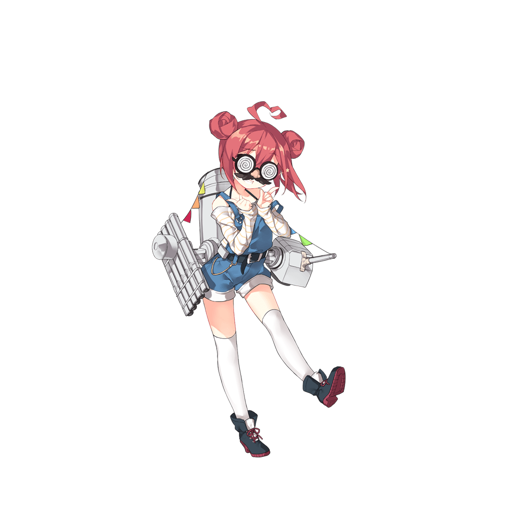 1girl ahoge alternate_costume belt black_shoes cannon collarbone double_bun fake_mustache fake_nose flag full_body funny_glasses glasses grin index_finger_raised looking_at_viewer machinery official_art overalls redhead saru shirt shoes shorts smile smokestack solo standing standing_on_one_leg suspenders teeth thigh-highs torpedo transparent_background turret white_legwear white_shirt william_d_porter_(zhan_jian_shao_nyu) zhan_jian_shao_nyu