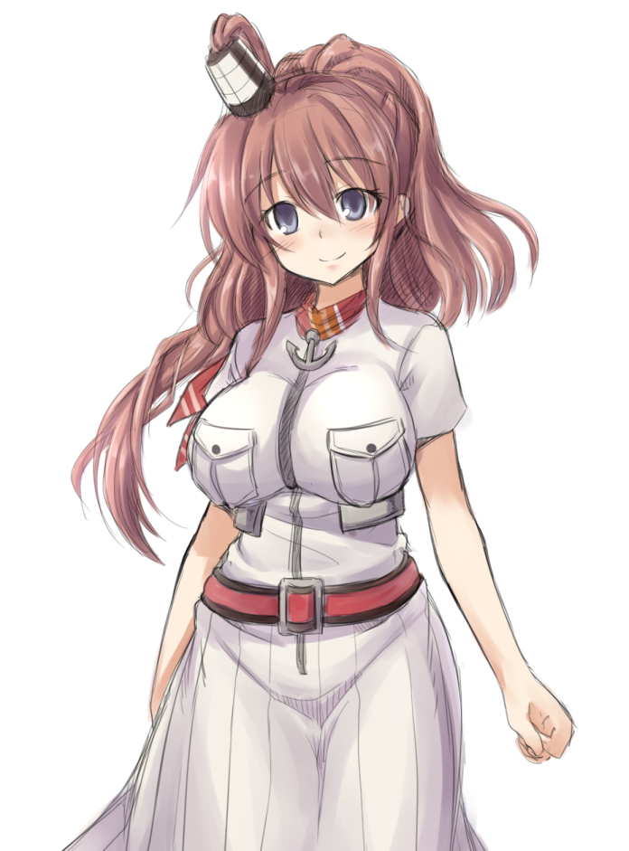 1girl anchor ascot belt blue_eyes breast_pocket breasts brown_hair dress impossible_clothes kantai_collection large_breasts long_hair looking_at_viewer nikke ponytail red_ascot saratoga_(kantai_collection) side_ponytail smile smokestack standing white_dress