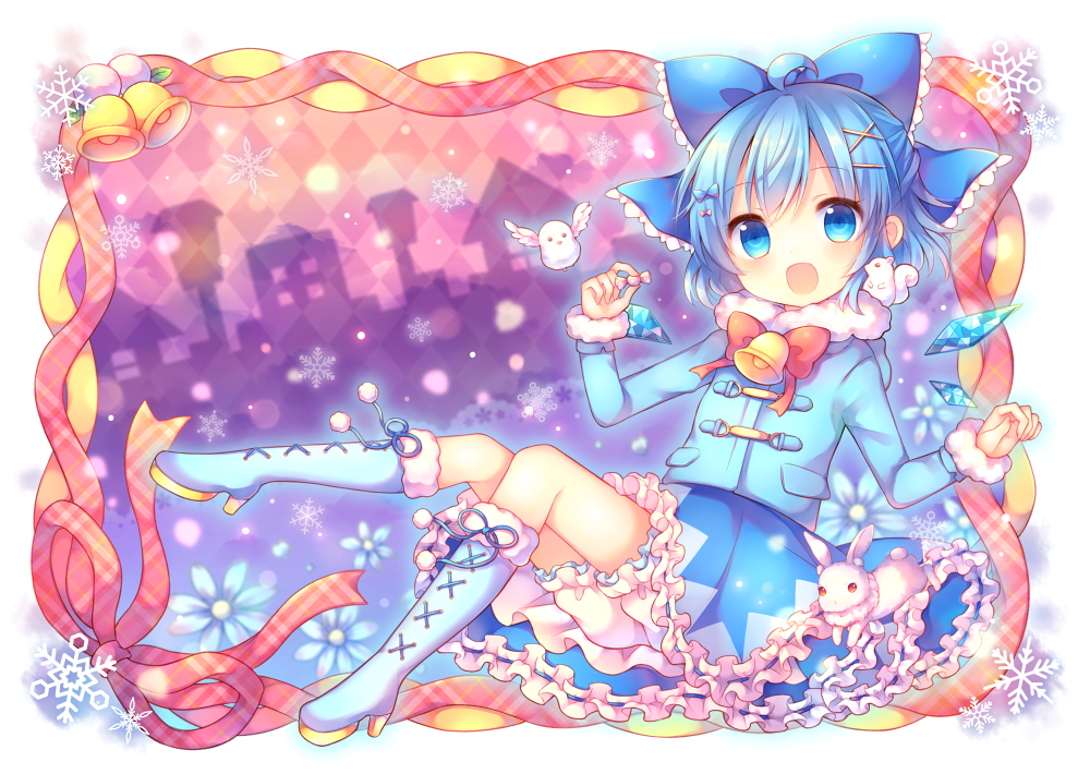 1girl :d bell bird blue_eyes blue_hair boots bow cirno hair_bow hair_ornament hair_ribbon hairpin ice ice_wings knee_boots looking_at_viewer matching_hair/eyes open_mouth pjrmhm_coa rabbit ribbon short_hair smile solo touhou wings winter_clothes