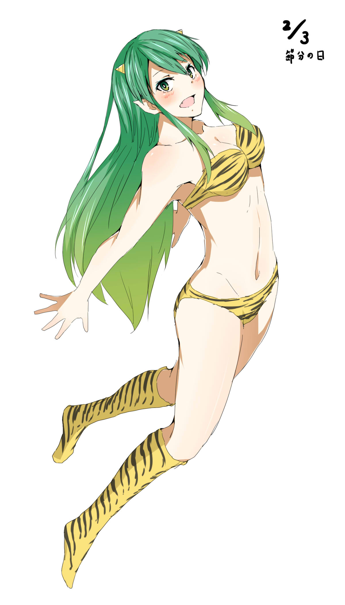 1girl arute_arisu bra fang green_eyes green_hair highres long_hair looking_at_viewer lum open_mouth panties simple_background solo strapless strapless_bra thigh-highs underwear underwear_only urusei_yatsura white_background yellow_bra yellow_legwear yellow_panties