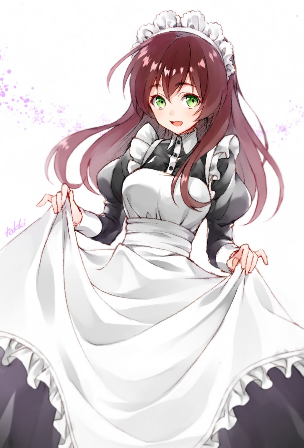 1girl apron apron_lift artist_name bangs breasts brown_hair collared_shirt frilled_apron frills green_eyes hair_between_eyes highres juliet_sleeves large_breasts long_hair long_sleeves looking_at_viewer maid maid_headdress open_mouth original puffy_sleeves shirt signature smile solo tokki white_background