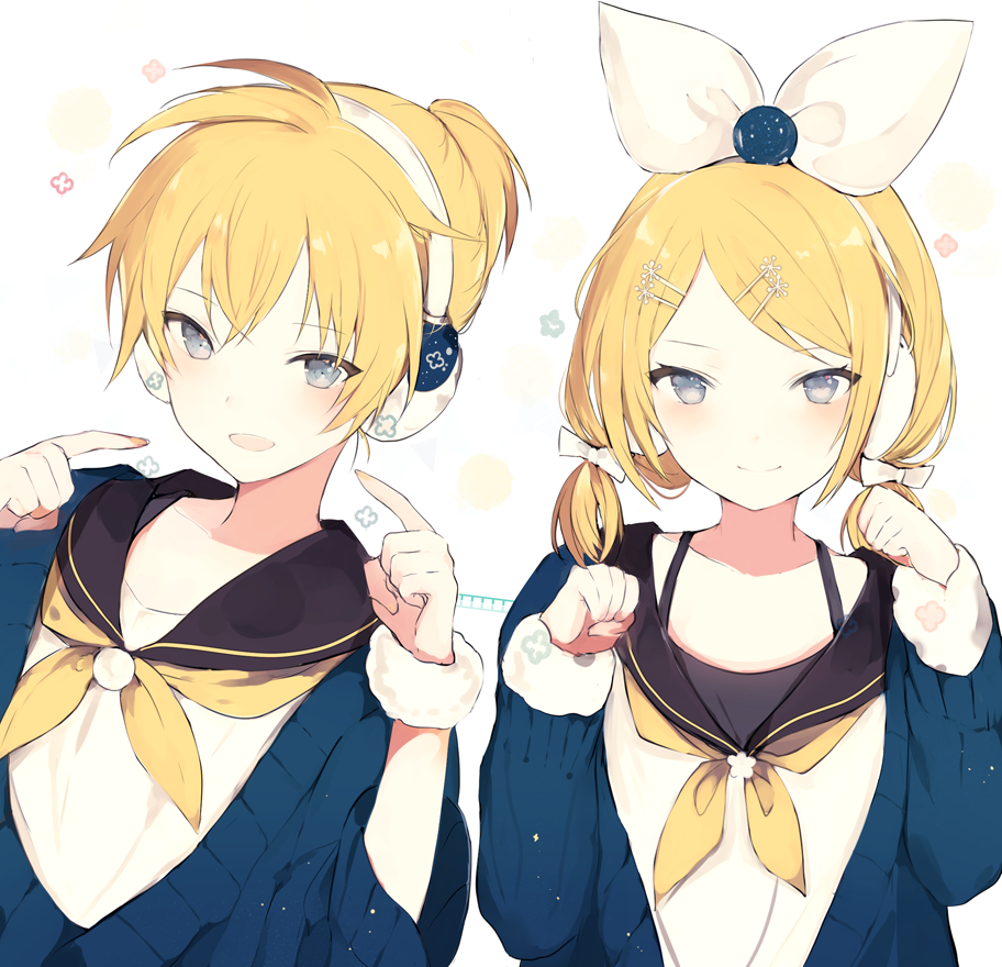 1boy 1girl :d alternate_hairstyle birthday blonde_hair blue_eyes blue_sweater bow camisole closed_mouth earmuffs fingernails flat_chest floral_background fur_trim hair_bow kagamine_len kagamine_rin light_particles long_sleeves looking_at_viewer low_twintails lpip matching_outfit neckerchief open_mouth paw_pose pointing pointing_at_self ponytail ribbon sailor_collar smile spaghetti_strap sweater twintails upper_body vocaloid white_background white_bow white_ribbon