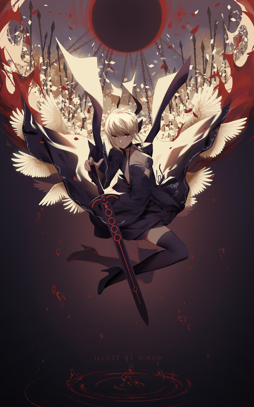 1girl artist_name bangs black_dress black_legwear black_ribbon black_sun blonde_hair braid breasts chains cleavage dark_excalibur dress expressionless fate/grand_order fate/stay_night fate_(series) feathered_wings french_braid gothic_lolita hair_ribbon high_heels highres holding holding_sword holding_weapon knee_up lolita_fashion medium_breasts polearm ribbon rimuu ripples saber saber_alter short_hair solo spear sun sword thigh-highs underwater weapon wings yellow_eyes