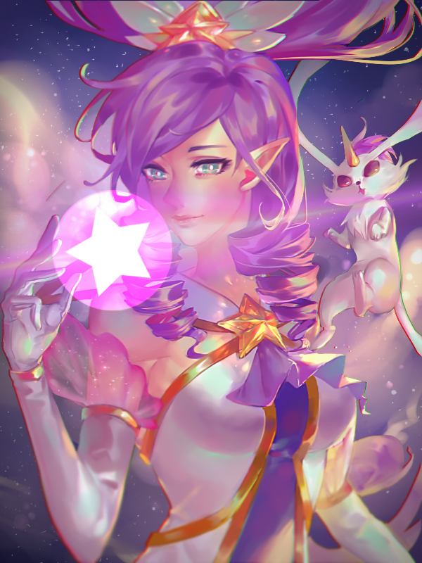 1girl bare_shoulders closed_mouth creature drill_hair elbow_gloves familiar floating floating_hair gloves glowing hair_ornament janna_windforce league_of_legends leng light_particles long_hair magic magical_girl night night_sky pointy_ears purple_hair red_lips see-through sky star star_(sky) star_guardian_janna star_hair_ornament starry_sky tsurime twin_drills upper_body white_gloves wind