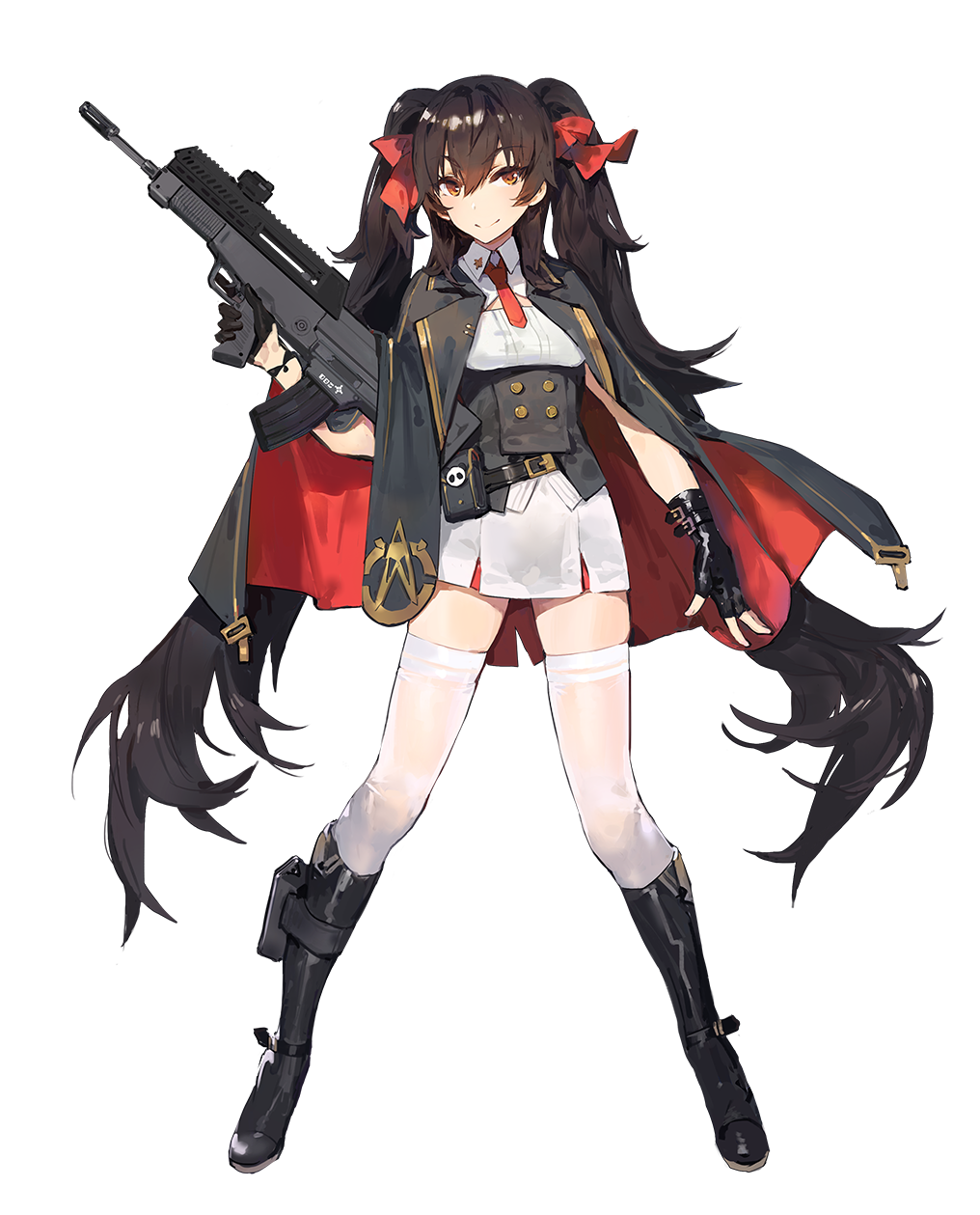 1girl belt black_gloves black_hair boots boots_holster brown_eyes buttons cape closed_mouth eyebrows eyebrows_visible_through_hair fingerless_gloves full_body girls_frontline gloves gun hair_between_eyes hair_ribbon highres holding holding_gun holding_weapon holster long_twintails looking_at_viewer necktie official_art personification pleated_skirt qbz-97 qbz-97_(girls_frontline) red_ribbon ribbon skirt smile solo standing strap thigh-highs transparent_background trigger_discipline twintails weapon white_legwear