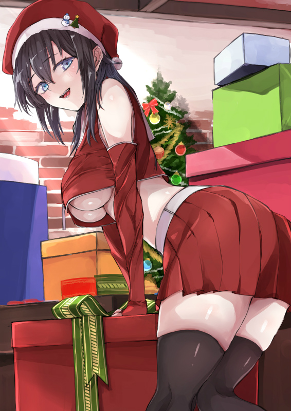 1girl bare_shoulders black_hair black_legwear blue_eyes box breasts christmas christmas_tree commentary_request detached_sleeves gift gift_box gloves hat indoors leaning_forward long_hair looking_at_viewer looking_down medium_breasts midriff open_mouth original pleated_skirt red_gloves red_skirt sack santa_costume santa_hat skirt solo under_boob yukiguni_yuu