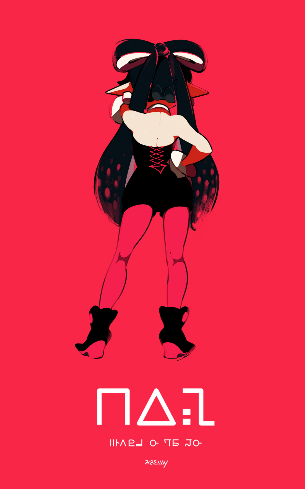 1girl ankle_boots aori_(splatoon) back bare_shoulders black_boots black_hair boots contrapposto cross-laced_clothes detached_collar from_behind full_body hand_on_hip highres legs_apart long_hair pantyhose pointy_ears red red_background red_legwear seto_(asils) short_jumpsuit simple_background solo splatoon standing strapless wrist_cuffs