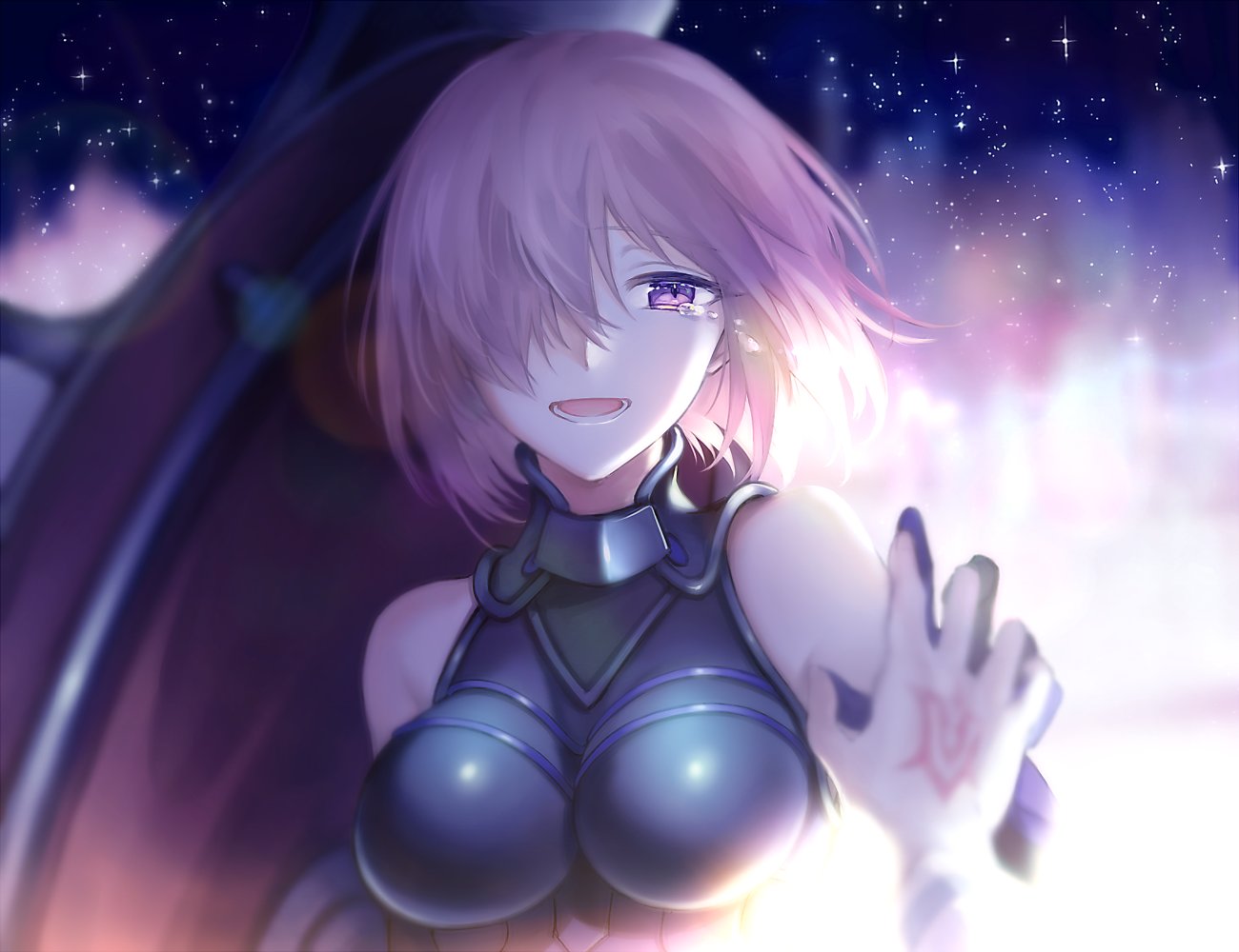 1girl armor armored_dress backlighting blurry breasts cleavage close-up commentary crying crying_with_eyes_open depth_of_field fate/grand_order fate_(series) hair_over_one_eye half-closed_eyes holding_shield large_breasts lens_flare looking_at_viewer open_mouth out_of_frame purple_hair reaching shield shielder_(fate/grand_order) short_hair sky smile solo_focus star_(sky) starry_sky tears teeth upper_body violet_eyes wowishi