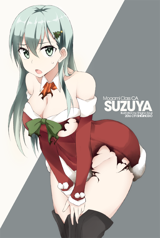 1girl alternate_costume bangs bare_shoulders black_legwear boots breasts character_name christmas christmas_tree_hair_ornament cleavage collarbone cowboy_shot detached_collar detached_sleeves fur-trimmed_sleeves green_background green_eyes green_hair hair_between_eyes hair_ornament kantai_collection large_breasts leaning_forward long_hair looking_at_viewer santa_costume solo souji suzuya_(kantai_collection) sweatdrop thigh-highs thigh_boots torn_clothes two-tone_background white_background