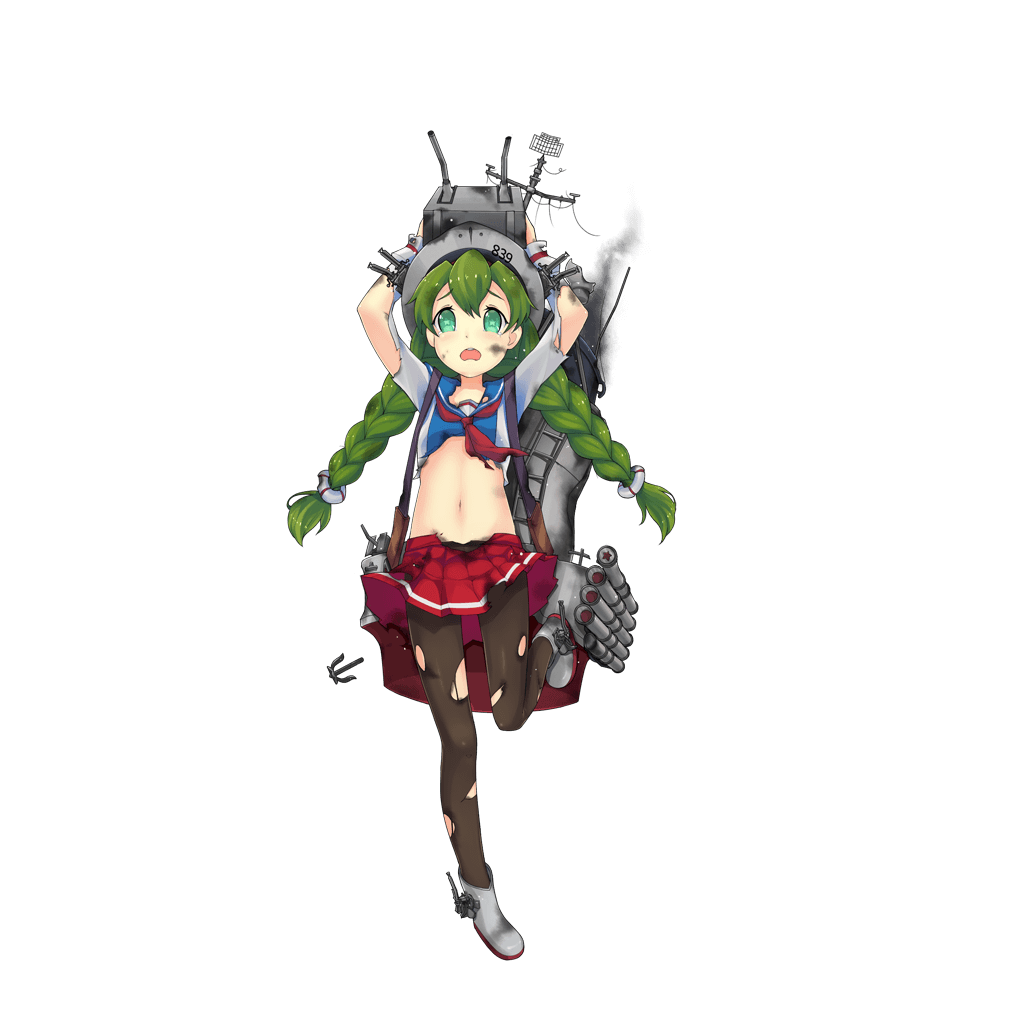 1girl anchor arms_up braid broken brown_legwear cannon damaged e_neko full_body green_eyes green_hair grey_hat grey_shoes ladder lifebuoy long_hair long_sleeves looking_at_viewer machinery midriff navel official_art open_mouth pantyhose pleated_skirt power_(zhan_jian_shao_nyu) radar red_skirt shirt shoes skirt smoke smokestack solo standing standing_on_one_leg star star-shaped_pupils symbol-shaped_pupils teeth torn_clothes torn_pantyhose torpedo transparent_background turret twin_braids white_shirt zhan_jian_shao_nyu