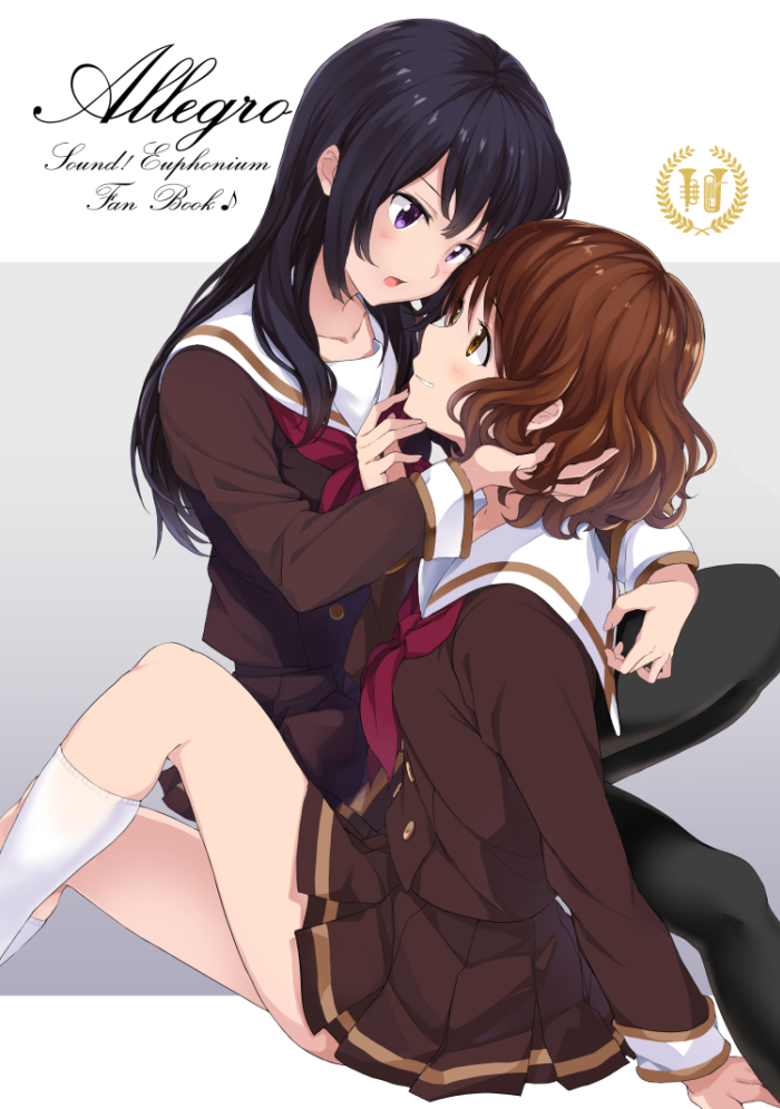 2girls black_hair blush brown_eyes brown_hair brown_shirt brown_skirt copyright_name english euphonium face-to-face hibike!_euphonium instrument kousaka_reina long_hair mirai_denki multiple_girls neck_ribbon open_mouth oumae_kumiko red_ribbon ribbon school_uniform shirt short_hair sitting skirt skirt_set thigh-highs trumpet violet_eyes white_legwear yuri