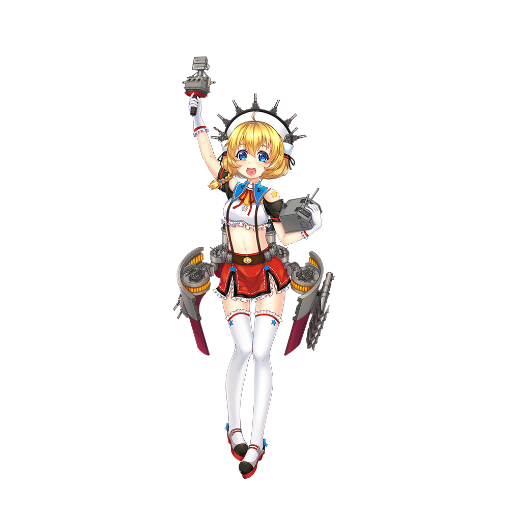 1girl :d arm_up belt blonde_hair blue_eyes blush braid breasts bustier cannon cosplay e_neko frilled_legwear frilled_skirt frills gearing_(zhan_jian_shao_nyu) gloves hair_between_eyes hat holding holding_weapon looking_at_viewer machinery midriff navel official_art open_mouth pigeon-toed radar red_ribbon red_skirt remodel_(zhan_jian_shao_nyu) ribbon shoes short_sleeves shoulder_cutout skirt small_breasts smile solo standing star star-shaped_pupils statue_of_liberty statue_of_liberty_(cosplay) suspenders symbol-shaped_pupils thigh-highs torpedo transparent_background turret weapon white_gloves white_hat white_legwear zhan_jian_shao_nyu