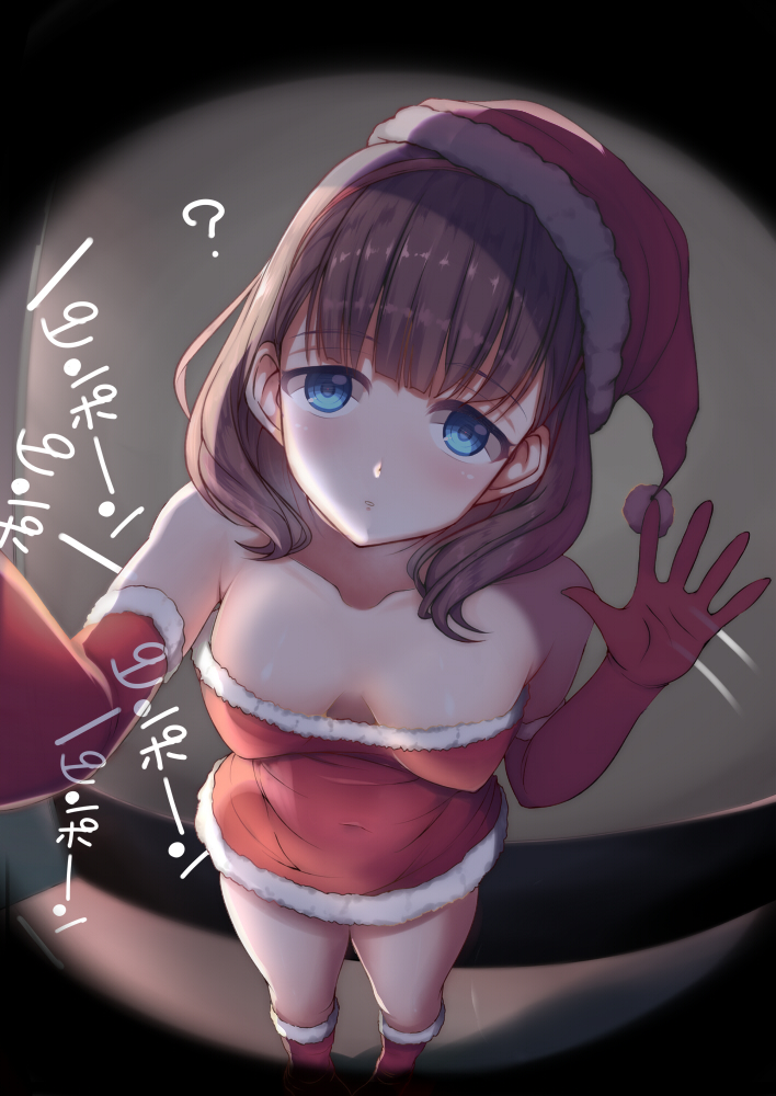 1girl ? a bangs bare_shoulders blue_eyes blunt_bangs blush boots breasts brown_hair cleavage collarbone covered_navel doorbell downblouse dress elbow_gloves eyebrows_visible_through_hair fay foreshortening from_above fur-trimmed_boots gloves hat head_tilt idolmaster idolmaster_cinderella_girls indoors knee_boots long_hair medium_breasts motion_lines red_boots red_dress red_gloves red_hat sakuma_mayu santa_costume santa_hat solo strapless strapless_dress translation_request waving