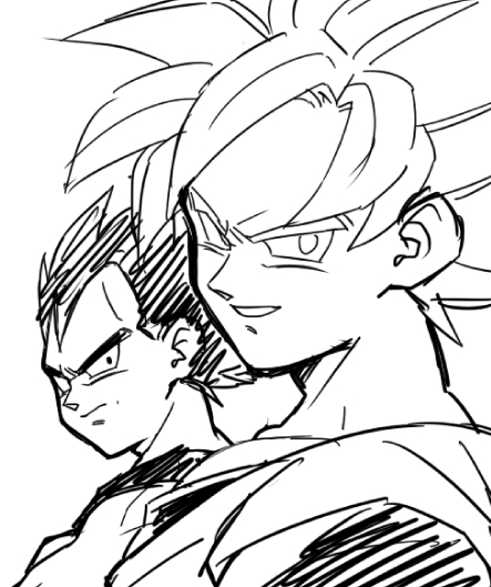 2boys black_eyes black_hair dragon_ball dragonball_z looking_at_viewer male_focus monochrome multiple_boys official_style petagon serious short_hair simple_background smile son_gokuu spiky_hair super_saiyan vegeta white_background