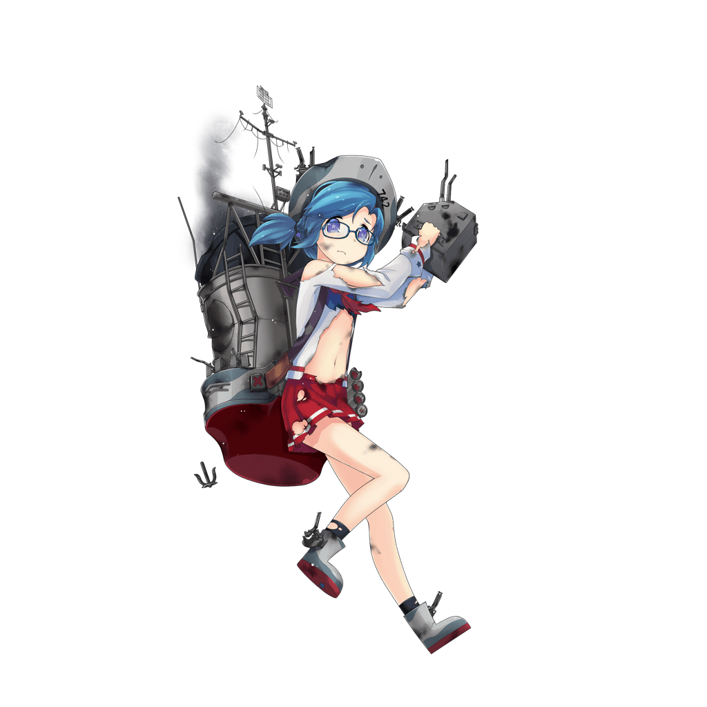 1girl anchor bangs black_legwear blue-framed_eyewear blue_hair broken cannon closed_mouth damaged e_neko eyebrows_visible_through_hair frank_knox_(warship_girls_r) frown full_body glasses grey_hat grey_shoes holding holding_weapon long_sleeves looking_at_viewer machinery navel official_art one_leg_raised parted_bangs pleated_skirt ponytail radar red_skirt shirt shoes skirt smoke smokestack socks solo star star-shaped_pupils symbol-shaped_pupils torn_clothes torpedo transparent_background turret violet_eyes warship_girls_r weapon white_shirt
