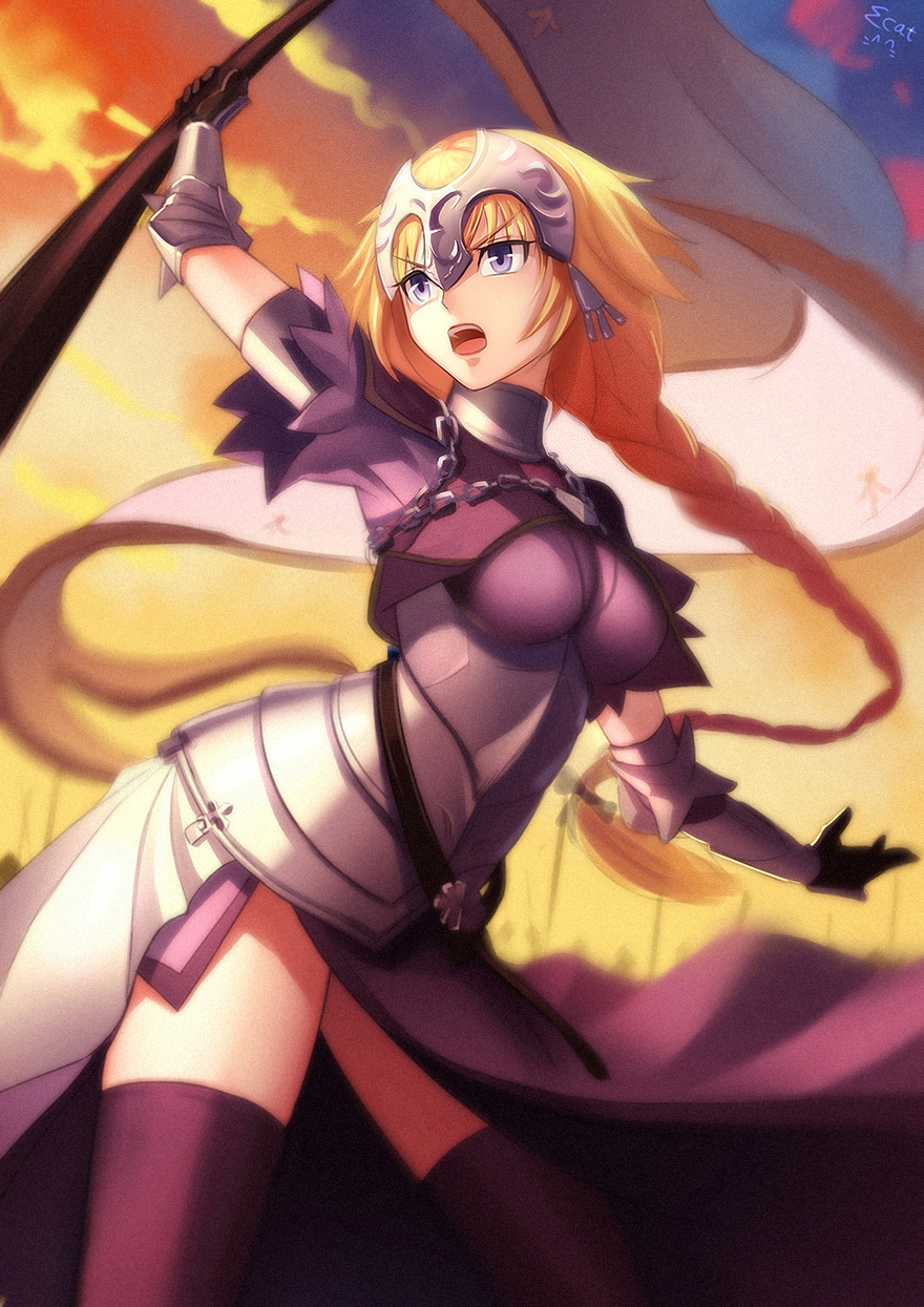 1girl armor armored_dress black_gloves blonde_hair blue_eyes braid breasts capelet ecat fate/apocrypha fate/grand_order fate_(series) faulds flag gauntlets gloves headpiece highres janne_d'arc jeanne_d'arc long_hair open_mouth ruler_(fate/apocrypha) ruler_(fate/grand_order) single_braid solo thigh-highs yellow_eyes
