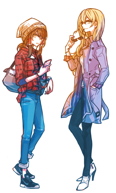 2girls alternate_costume apple_inc. bag bangs belt black_pants black_shoes blue_eyes boots breasts brown_coat brown_eyes brown_hair cellphone coat collared_shirt contemporary denim dress earphones earrings eating flannel full_body hair_between_eyes hair_tubes hakurei_reimu hand_in_pocket handbag holding jeans jewelry long_hair long_sleeves looking_at_viewer multiple_girls nike no_hat no_headwear open_collar pants pants_rolled_up phone plaid plaid_shirt rekka shirt shoes sign sleeves_rolled_up smartphone smile sneakers stud_earrings sunglasses sweatdrop touhou watch watch white_boots white_shirt yakumo_yukari