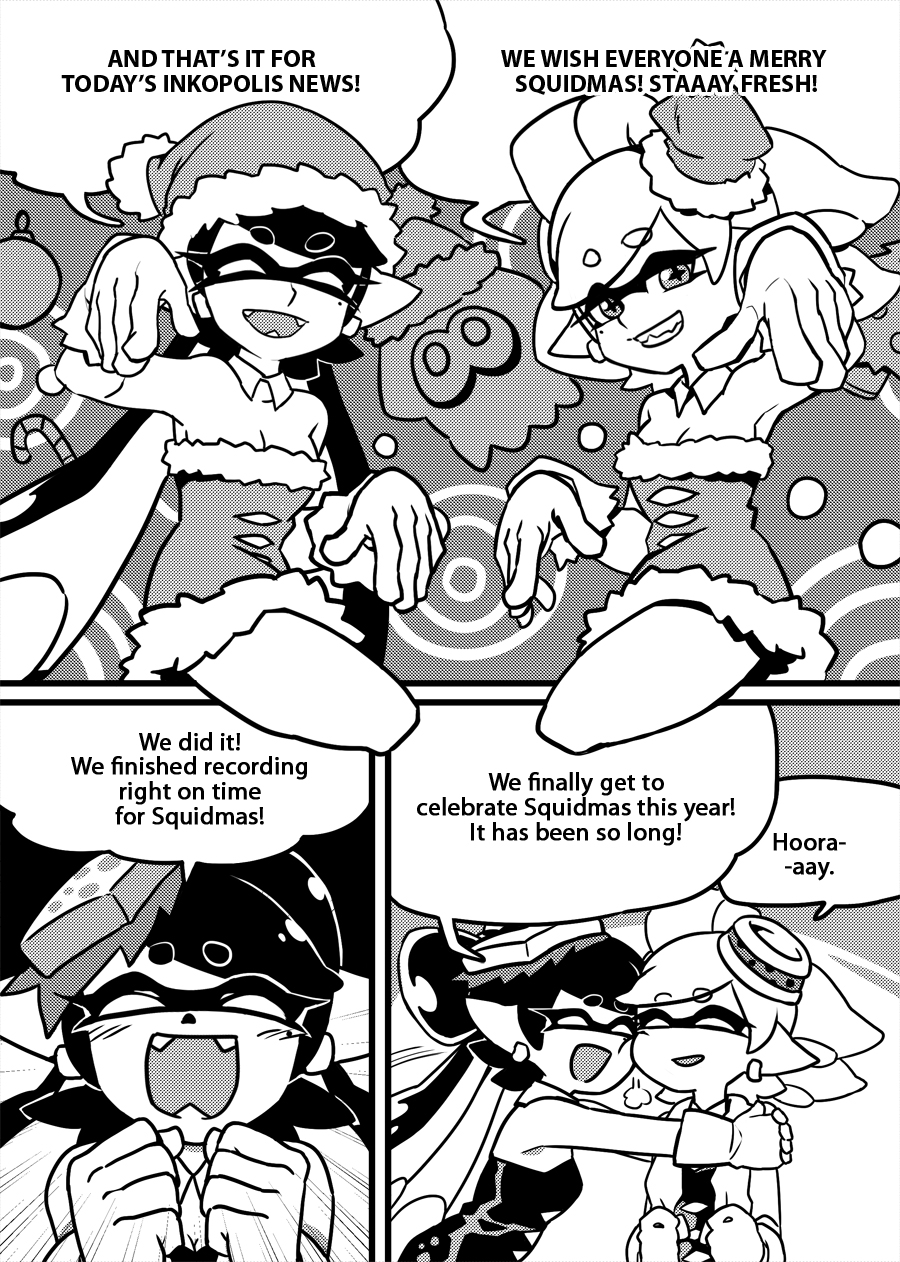 +_+ 2girls alternate_costume aori_(splatoon) closed_eyes comic detached_collar domino_mask dress earrings english fangs gloves greyscale grin hat highres hotaru_(splatoon) hug jewelry long_hair mask mole mole_under_eye monochrome multiple_girls open_mouth pointy_ears santa_costume santa_hat sharp_teeth short_hair smile splatoon squid squid_pose strapless strapless_dress teeth tentacle_hair wong_ying_chee