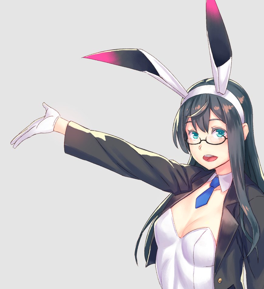 1girl animal_ears aqua_eyes black_hair breasts bunnysuit glasses gloves grey_background jacket long_hair necktie ooyodo_(kantai_collection) rabbit_ears simple_background small_breasts suit_jacket tagme white_gloves yuuji_(and)