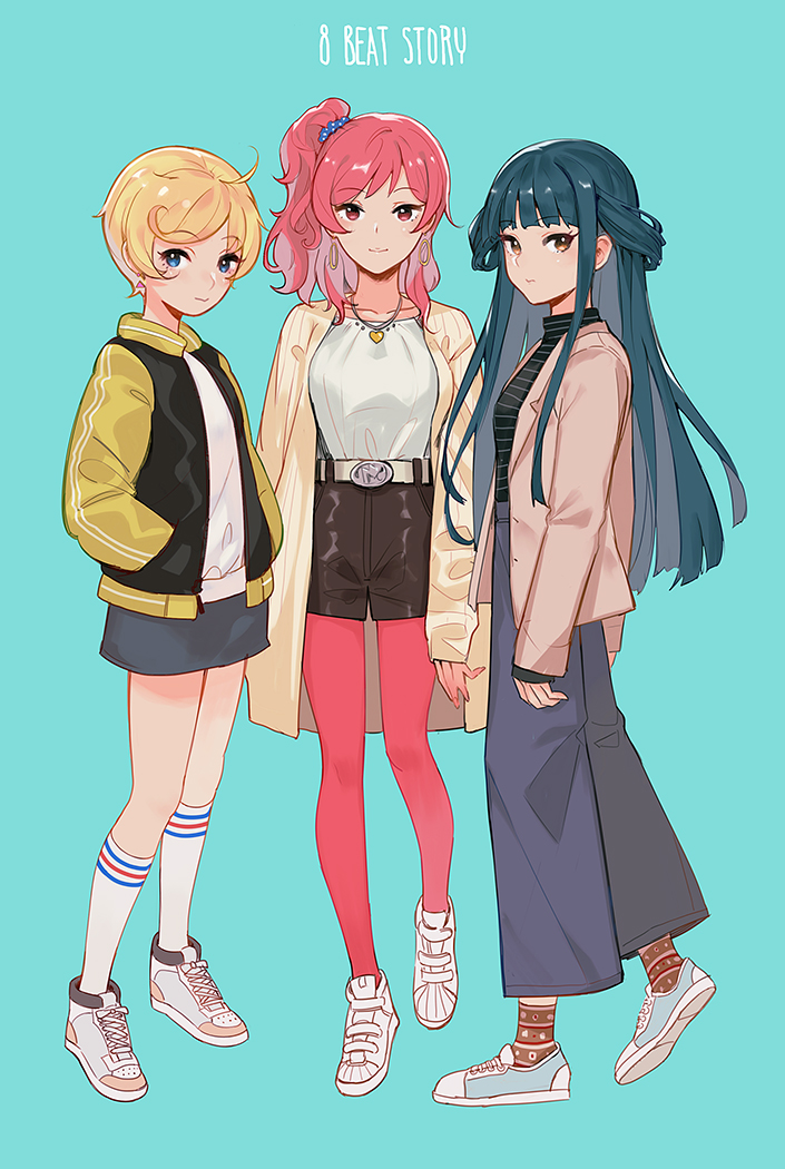 3girls 8_beat_story aircraft airplane black_hair blonde_hair blue_background blue_eyes bow brown_eyes capri_pants casual ekao hands_in_pockets jacket kagura_akari long_hair looking_at_viewer multiple_girls pants pantyhose pink_hair pink_legwear red_eyes shoes short_hair shorts skirt smile sneakers tachibana_ayame_(8_beat_story)