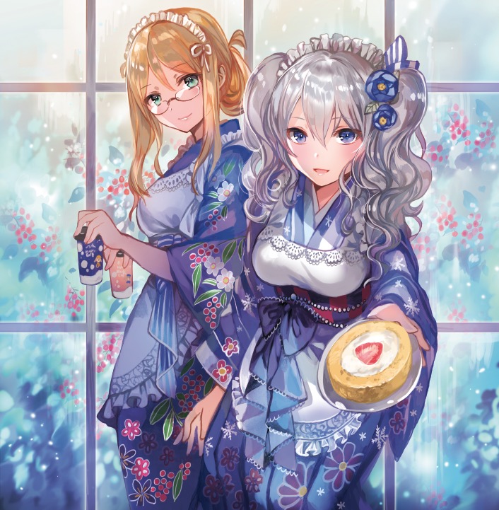 2girls alternate_costume apron bangs beads blonde_hair blue_bow blue_eyes blurry blush bow breasts cake closed_mouth enmaided eyebrows_visible_through_hair floral_print flower folded_ponytail food glass glasses green_eyes grey_hair hair_flower hair_ornament hair_over_shoulder holding holding_plate indoors japanese_clothes kantai_collection kashima_(kantai_collection) katori_(kantai_collection) kimono lace-trimmed_apron lace_trim leaning_forward long_hair long_sleeves looking_at_viewer maid maid_apron maid_headdress medium_breasts multiple_girls obi paper_cup plant plate print_kimono rimless_glasses rioka_(southern_blue_sky) sash sidelocks silver_hair smile snowflake_print snowing standing striped sweets twintails wa_maid wavy_hair white_apron wide_sleeves window