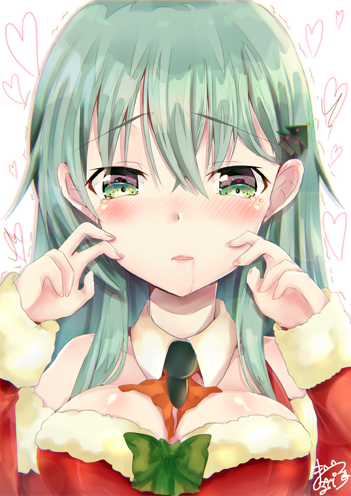 1girl aqua_hair artist_request blush bow breasts christmas_tree_hair_ornament commentary_request cravat crying crying_with_eyes_open detached_collar detached_sleeves female fur-trimmed_sleeves green_eyes hair_ornament heart heart-shaped_pupils kantai_collection large_breasts long_hair nose_blush saliva signature solo suzuya_(kantai_collection) symbol-shaped_pupils tears trembling upper_body white_background white_hair