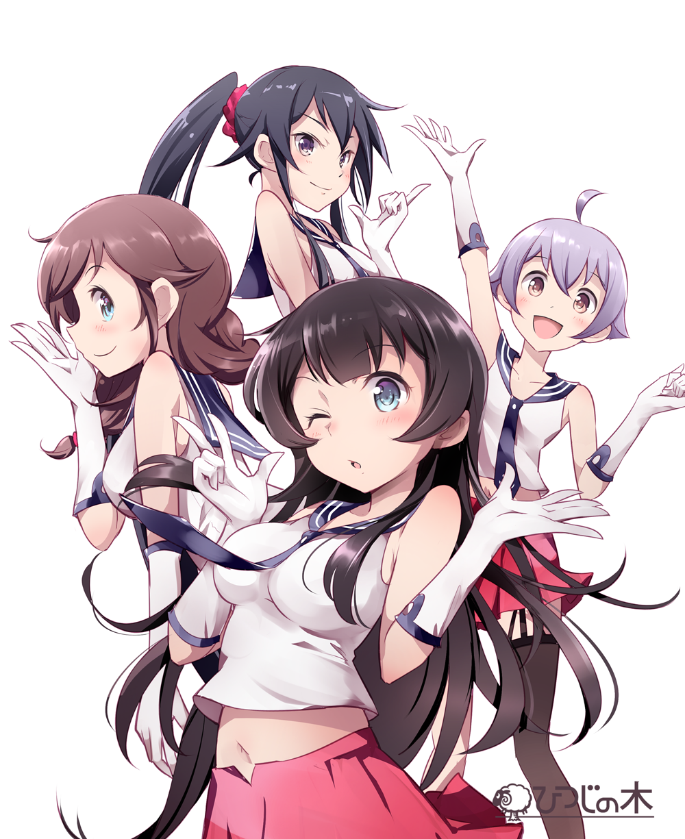 &gt;:) 4girls :d ;) agano_(kantai_collection) ahoge braid brown_hair gloves grey_eyes highres kantai_collection long_hair mousoup multiple_girls navel noshiro_(kantai_collection) one_eye_closed open_mouth pleated_skirt ponytail sakawa_(kantai_collection) school_uniform serafuku short_hair silver_hair skirt smile twin_braids white_gloves yahagi_(kantai_collection)