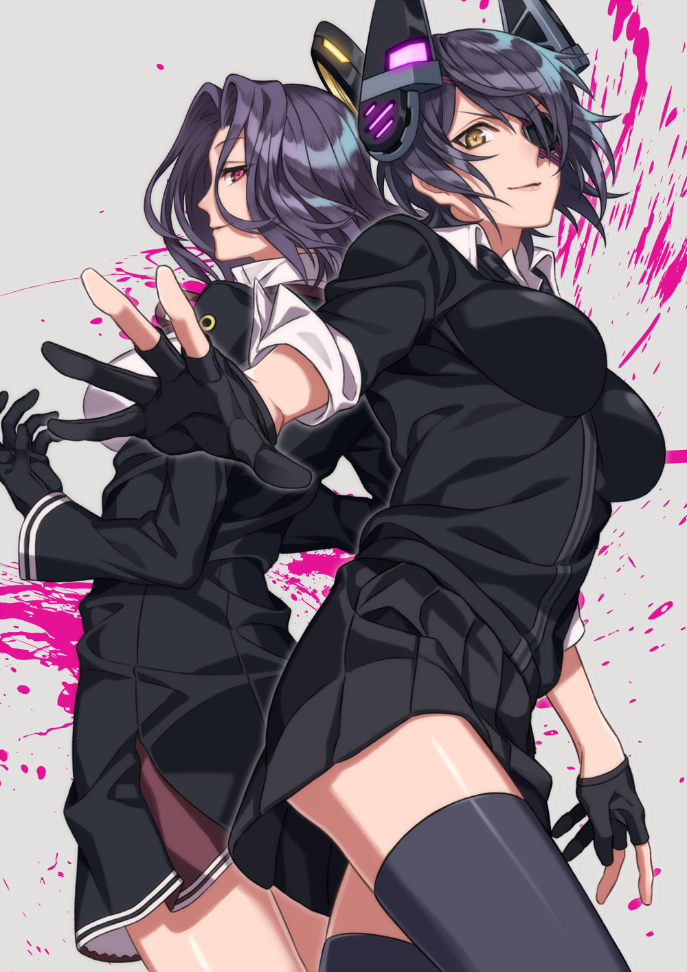 2girls arm_at_side back-to-back bangs between_breasts black_dress black_hair black_jacket black_skirt breasts checkered checkered_necktie closed_mouth collared_shirt cowboy_shot dress eyepatch gloves glowing grey_background grey_legwear hair_intakes headgear highres jacket kantai_collection large_breasts lips long_sleeves looking_at_viewer mechanical_halo medium_breasts miniskirt multiple_girls necktie one_eye_covered open_hand outstretched_arm palms partly_fingerless_gloves pleated_dress pleated_skirt profile purple_hair red_eyes school_uniform shiny shiny_hair shiny_skin shirt short_hair skirt sleeves_folded_up smile sora_yoshitake_yuda splatter spread_fingers tatsuta_(kantai_collection) tenryuu_(kantai_collection) thigh-highs white_shirt yellow_eyes