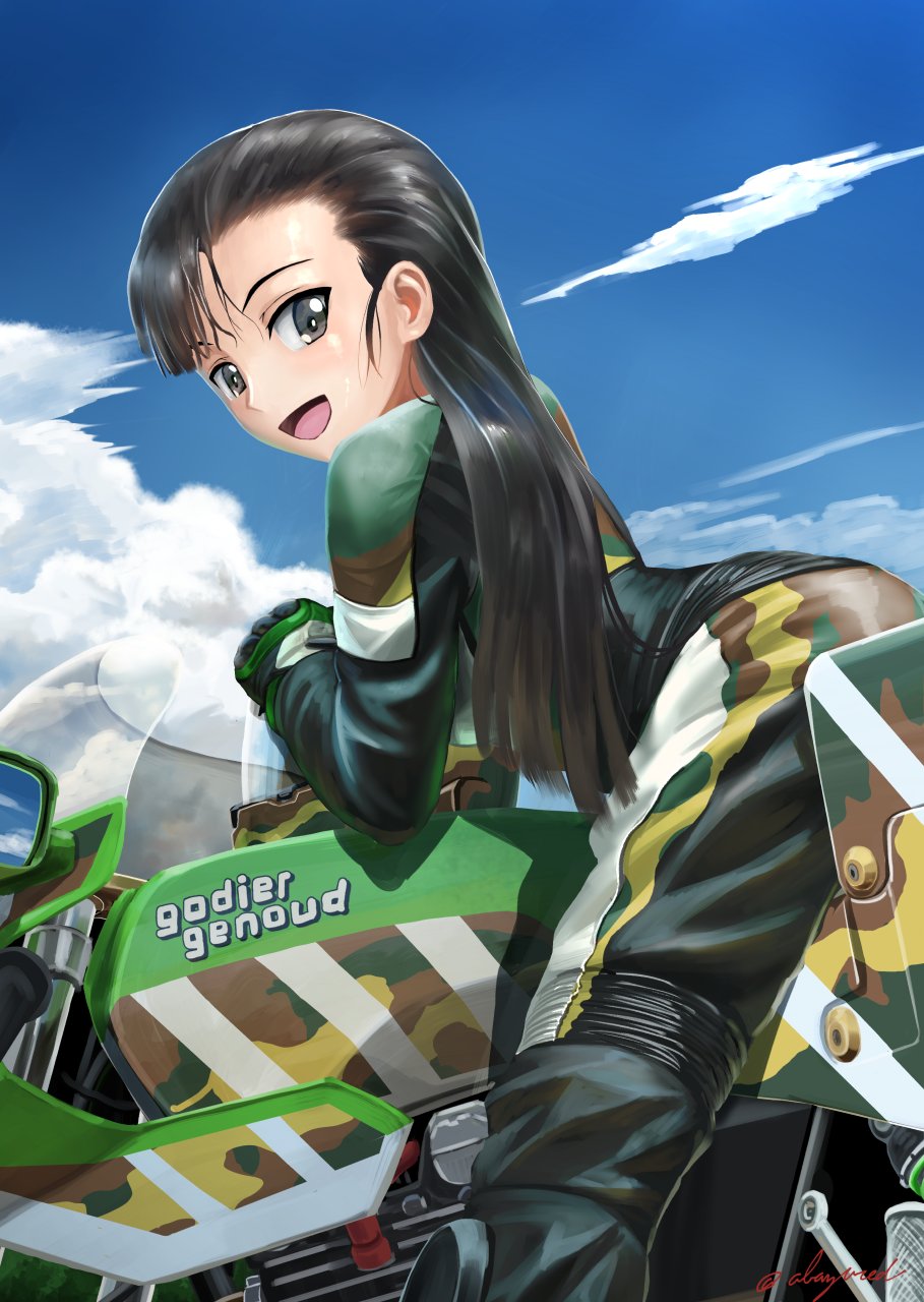 1girl abazu-red alternate_costume asymmetrical_bangs bangs black_gloves black_jacket black_pants brown_eyes brown_hair casual clouds cloudy_sky commentary_request from_side girls_und_panzer gloves ground_vehicle highres jacket leather leather_jacket leather_pants long_hair long_sleeves looking_at_viewer looking_back motor_vehicle motorcycle nishi_kinuyo open_mouth outdoors pants riding sitting sky smile solo vehicle_request