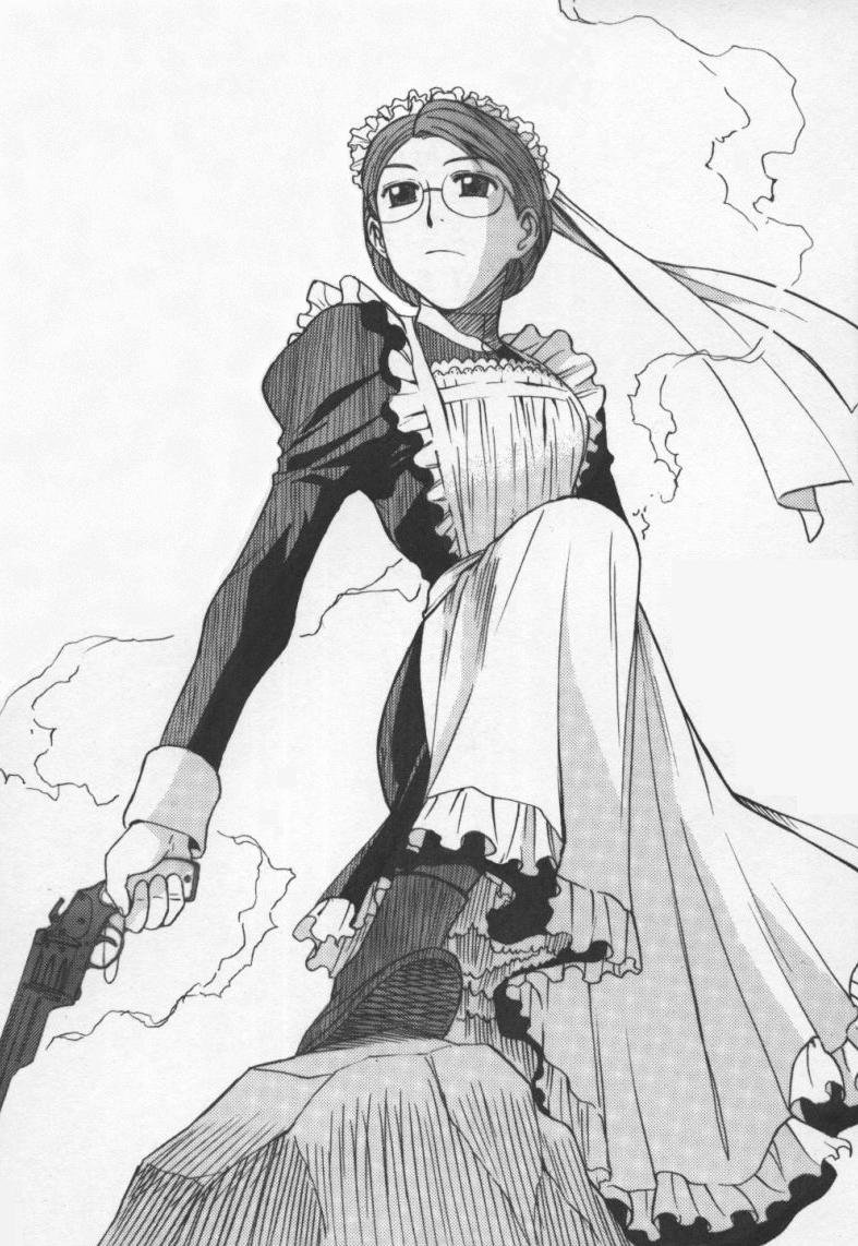 1girl boots emma emma_(victorian_romance_emma) glasses gun handgun maid mekongdelta monochrome revolver solo victorian_romance_emma weapon