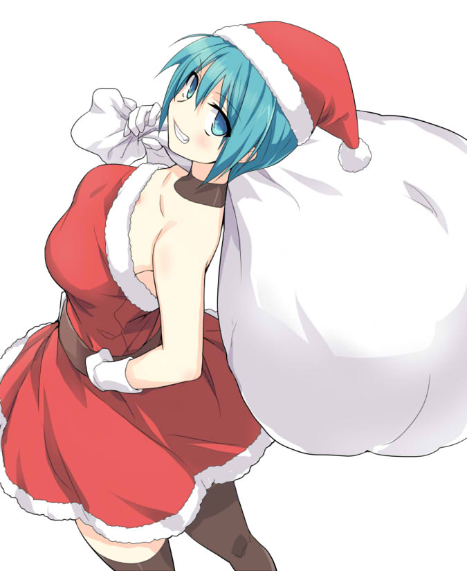 1girl breasts choker christmas dress eeeeee from_above from_side gloves grin hand_on_hip hat large_breasts linda_(linda_cube) linda_cube looking_at_viewer red_dress sack santa_costume santa_hat short_hair simple_background smile solo thigh-highs white_background white_gloves