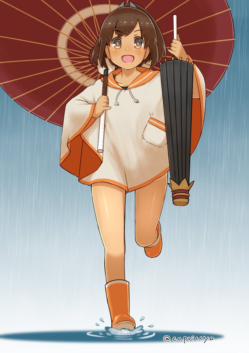 1girl blush boots brown_eyes brown_hair capriccyo coat dark_skin holding i-401_(kantai_collection) kantai_collection looking_at_viewer open_mouth ponytail puddle rain sidelocks smile solo twitter_username umbrella