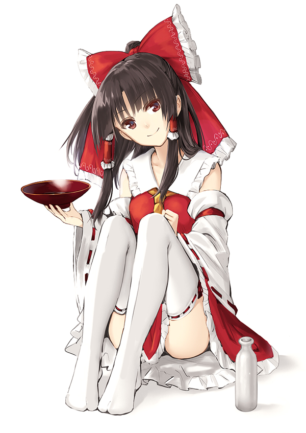 1girl bottle bow brown_eyes brown_hair collar collarbone cup detached_sleeves eyebrows_visible_through_hair feet_together frilled_bow frilled_collar frilled_hair_tubes frills full_body hair_bow hair_tubes hakurei_reimu hands_up head_tilt holding holding_cup looking_at_viewer red_bow red_ribbon ribbon ribbon-trimmed_legwear ribbon-trimmed_sleeves ribbon_trim sakazuki simple_background sitting smile solo takemori_shintarou thigh-highs touhou white_background white_legwear wide_sleeves