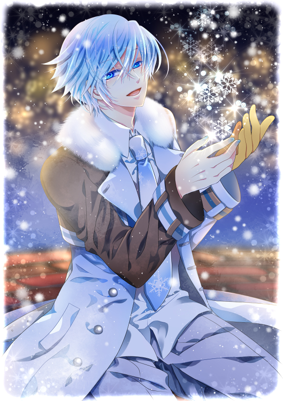 1boy blue_eyes blue_hair glove highres kaito kaito_shion necktie open_mouth snowflakes snowman solo tagme