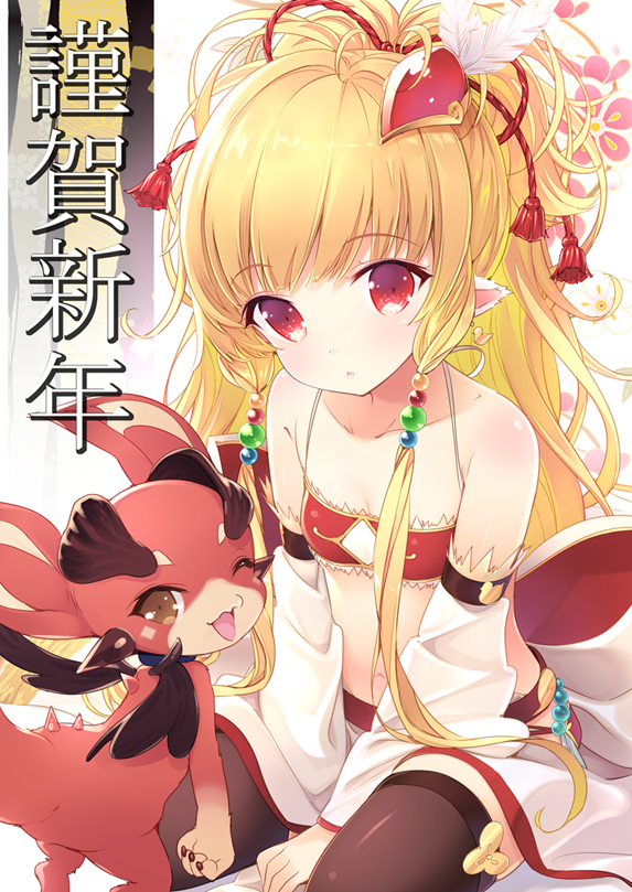 1girl :&lt; animal_ears bandeau bangs black_legwear blonde_hair breasts cleavage closed_mouth collarbone detached_sleeves eyebrows_visible_through_hair feathers floral_background granblue_fantasy hair_feathers hair_ornament happy_new_year long_hair looking_at_viewer makira_(granblue_fantasy) midriff navel nengajou new_year one_eye_closed red_eyes show_(rinnetenshow) sitting small_breasts solo thigh-highs translated vee_(granblue_fantasy) wariza white_background wide_sleeves