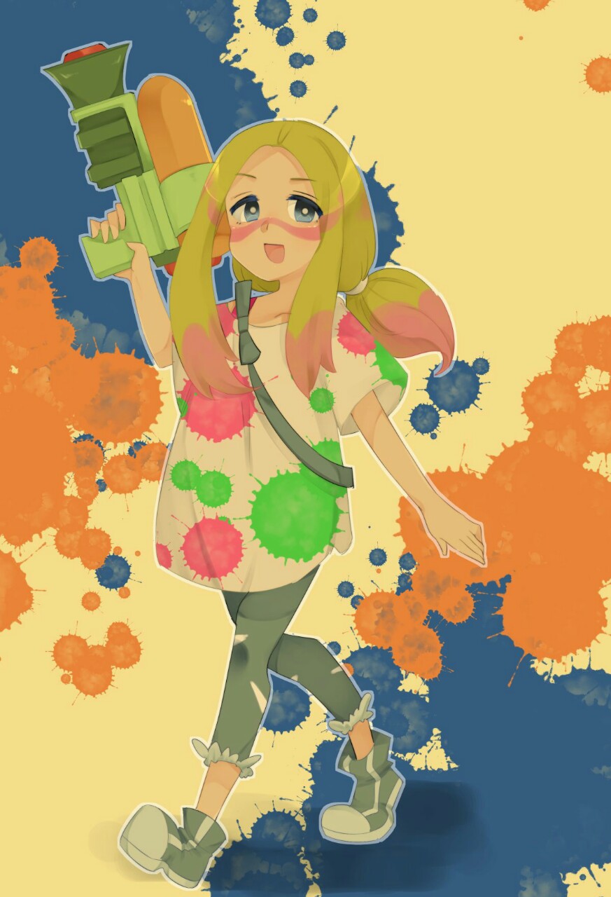 1girl :d alternate_eye_color bare_arms blonde_hair blue_eyes blue_pants blue_shoes bright_pupils collarbone company_connection ebino_(ebns) facepaint highres holding long_hair looking_at_viewer low_ponytail matsurika_(pokemon) nintendo off_shoulder open_mouth outline oversized_clothes oversized_shirt paint paint_splatter paint_stains pants pokemon pokemon_(game) pokemon_sm shirt shoes short_sleeves sidelocks smile sneakers solo splatoon strap tongue torn_clothes torn_pants trial_captain walking water_gun white_shirt yellow_background