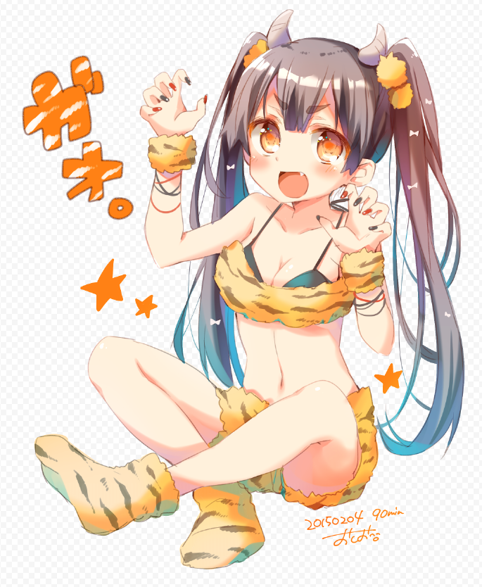 &gt;:o :o animal_print black_bra black_hair blush boots bra bracelet breasts claw_pose cleavage dated fang hair_ornament horns indian_style jewelry long_hair long_twintails medium_breasts midriff nail_polish open_mouth orange_hair original oshio_(dayo) short_shorts shorts signature sitting star text tiger_print twintails underwear very_long_hair wrist_cuffs