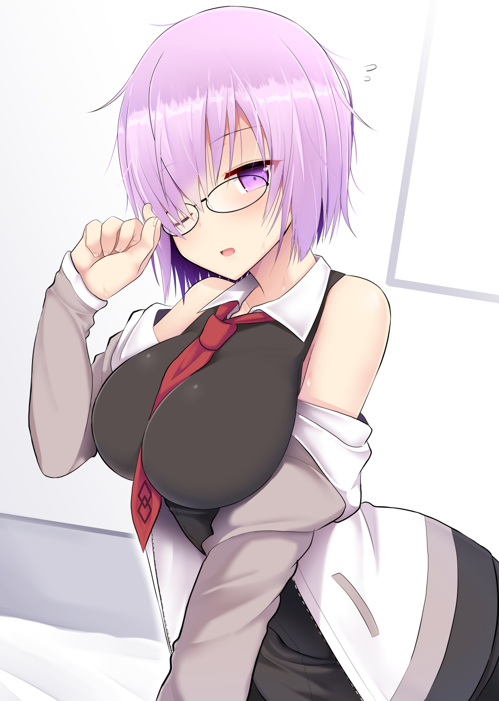 1girl adjusting_glasses bare_shoulders between_breasts blush breasts collar fate/grand_order fate_(series) glasses hair_over_one_eye highres jacket jacket_removed large_breasts long_sleeves looking_at_viewer necktie necktie_between_breasts open_mouth pink_hair pocket red_necktie shielder_(fate/grand_order) short_hair solo takeyuu unzipped violet_eyes white_jacket zipper