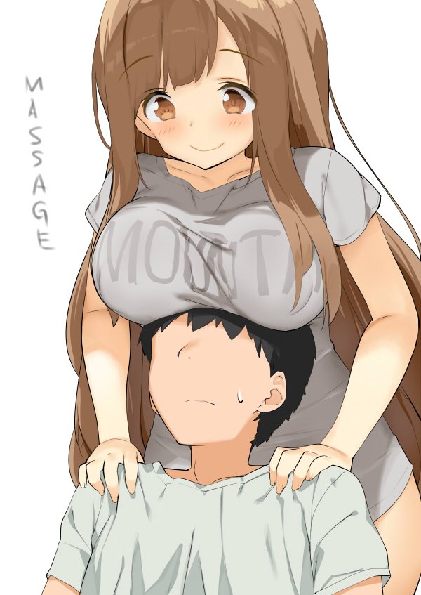 1boy 1girl black_hair blush breast_rest breasts breasts_on_head brown_eyes brown_hair check_commentary collarbone commentary_request english eyebrows_visible_through_hair faceless faceless_male grey_skirt kaisen_chuui large_breasts long_hair looking_at_another looking_down original shirt short_hair short_sleeves shoulder_massage simple_background skirt smile white_background white_shirt