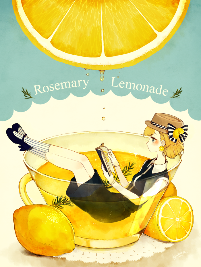 1girl akakura blonde_hair blue_eyes blush book bow collared_dress commentary_request crossed_ankles cup doily dress dripping earrings english food food_themed_earrings fruit gloves hair_bun hat hat_bow high_heels holding holding_book in_container in_cup jewelry lemon lemon_earrings lemon_slice lemonade open_book original reading socks solo striped striped_bow striped_legwear teacup turning_page vertical-striped_legwear vertical_stripes white_gloves