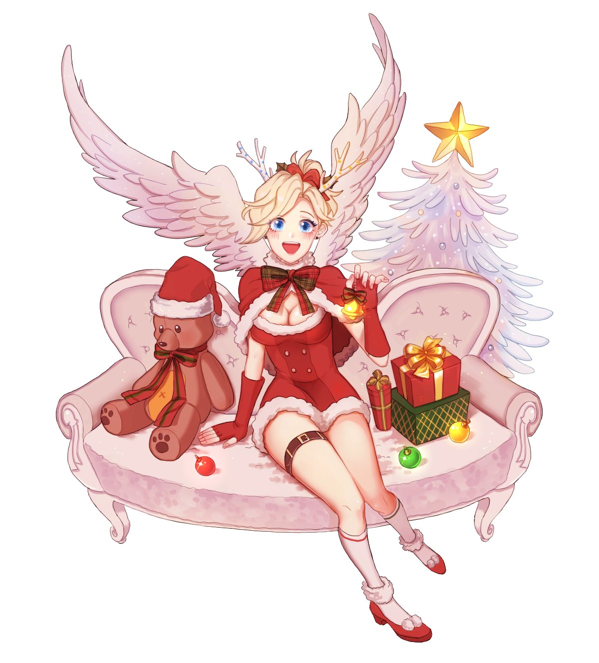 1girl :d angel_wings antlers arm_at_side bell blonde_hair blue_eyes blush bow bowtie box breasts capelet christmas christmas_ornaments christmas_tree cleavage dress earrings elbow_gloves feathered_wings fingerless_gloves fingernails full_body fur-trimmed_hat fur-trimmed_legwear fur_trim gift gift_box gloves hair_ribbon hand_up hat highres holding jewelry medium_breasts mercy_(overwatch) nail_polish open_mouth overwatch perio_67 pink_nails pom_pom_(clothes) ponytail red_dress red_gloves red_hat red_ribbon red_shoes reindeer_antlers ribbon santa_hat shoes short_dress sitting smile socks solo spread_wings stud_earrings stuffed_animal stuffed_toy teddy_bear thigh_strap white_legwear wings