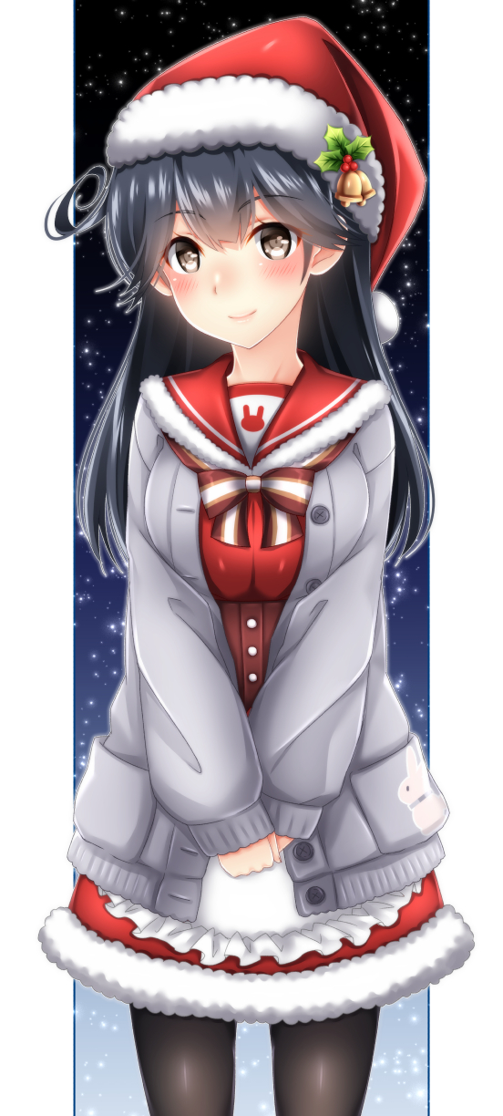 1girl baretto bell black_hair blush bow breasts brown_eyes dress fur_trim hat head_tilt highres jacket jingle_bell kantai_collection large_breasts long_hair looking_at_viewer red_dress sailor_collar santa_hat smile solo ushio_(kantai_collection)